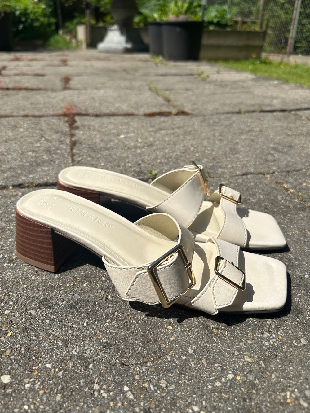 Primark Cream Double Buckle Block Heel Mules Size 7